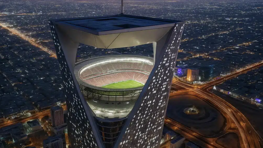 Сауд Арабиясындағы биік ғимараттың ішінде орналасқан стадион туралы видео рас па?